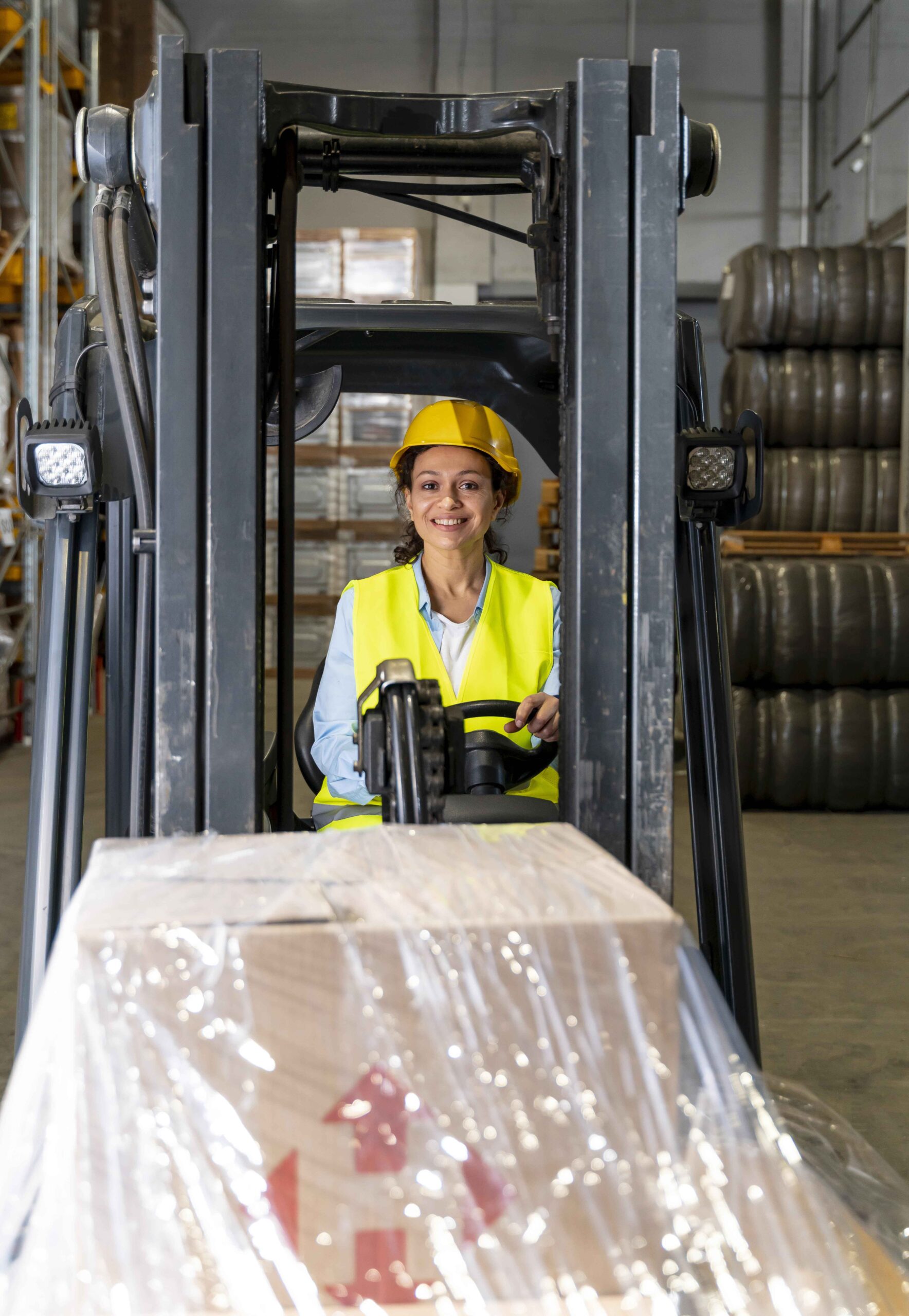 woman driving warehouse loading machine scaled